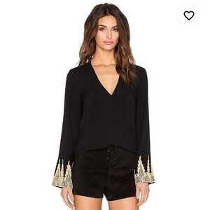 BLUE LIFE Black Wrap Top Flare Long sleeves Gold Embroidery Soft S Boho Beach‎